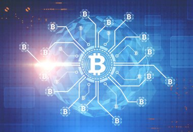 Bitcoin ağ, bir gezegen, mavi arka plan