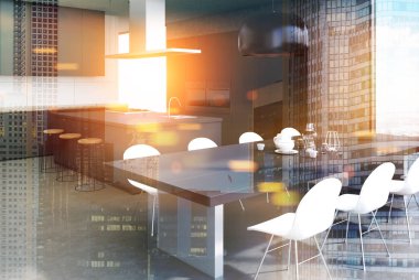 Beton mutfak iç, gri masa yan tonda