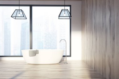 Loft banyo, ışık ahşap duvarları, beyaz bir küvet