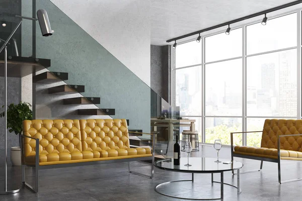 Sala de estar moderna, sofá amarillo y mesa —  Fotos de Stock