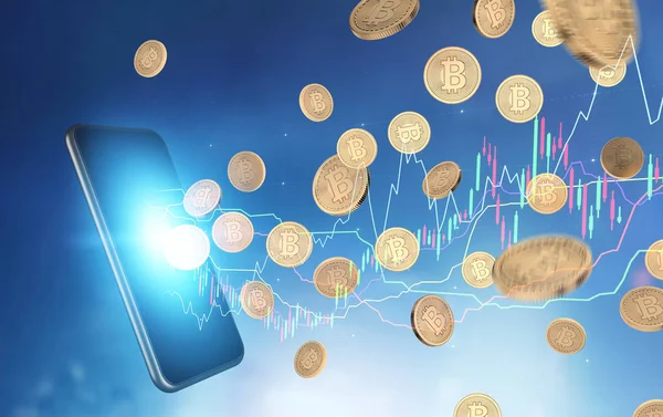 Smartphone, bitcoins, gráfico — Foto de Stock