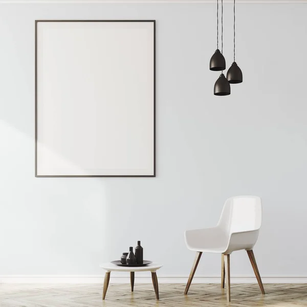 Salón blanco interior, sillón y póster —  Fotos de Stock