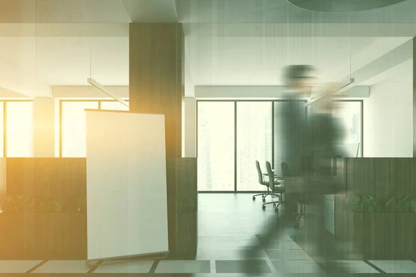 Houten en witte open ruimte kantoor, poster toned — Stockfoto