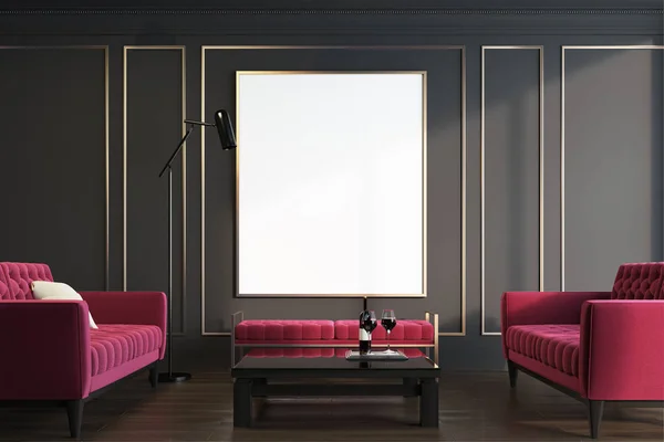 Black and gold living room, red armchairs