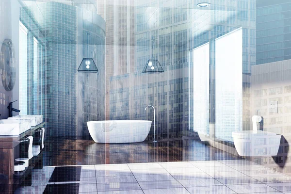 Holzbad, Badewanne, Waschbecken und Toilette doppelt — Stockfoto