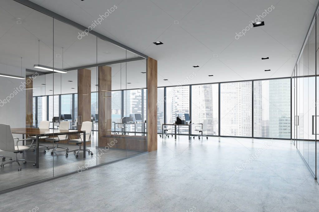 White and wood open space and meeting room side