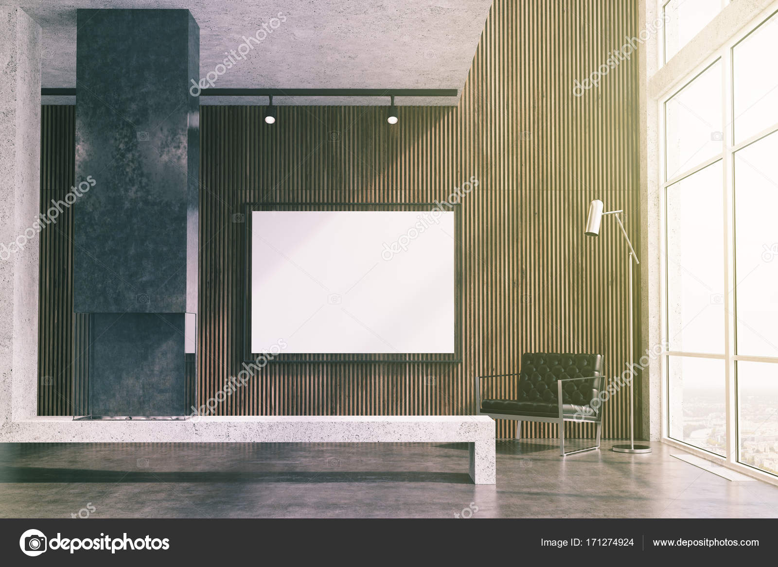 Salotto in legno, tv color, camino grigio tonica — foto stock ... Un pavimento di cemento o legno