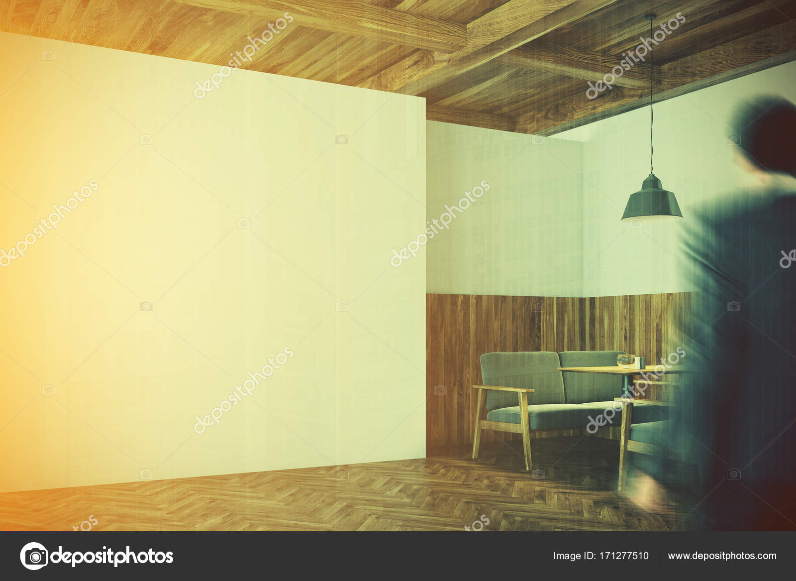 Wooden Cafe Interior White Wall Corner Toned Stock Photo