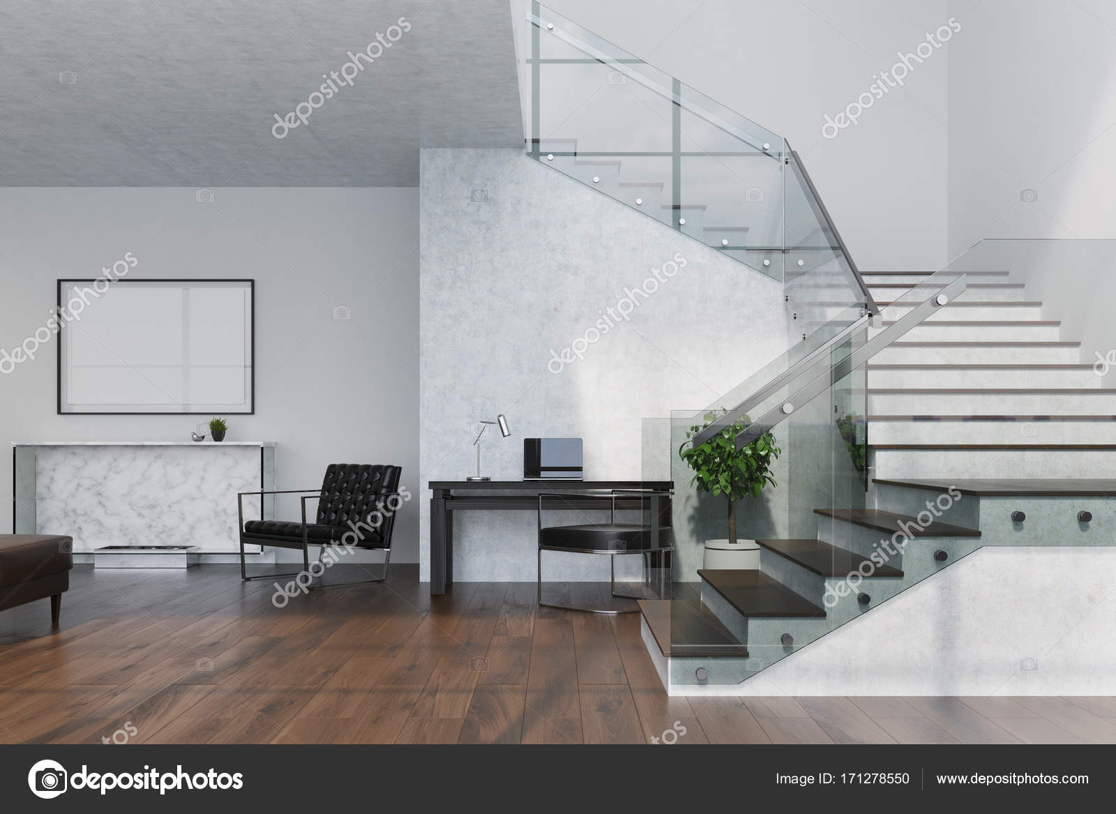 Marmeren woonkamer, open haard en poster — Stockfoto ... Marmeren woonkamer, open haard en poster — Stockfoto ...