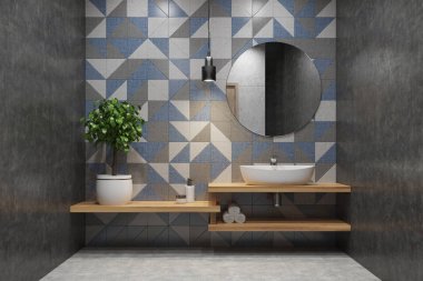 Döşenmiş banyo, lavabo, ayna yuvarlak