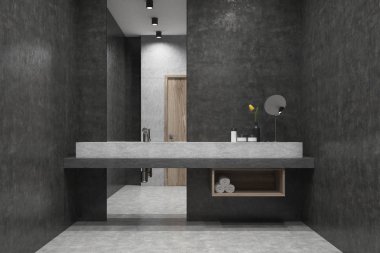 Gri banyo, çift lavabo, ayna