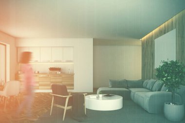 Beyaz ve ahşap mutfak ve oturma odası tonda