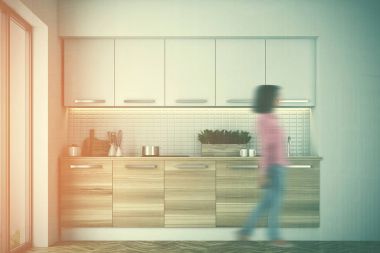 Beyaz ve ahşap mutfak, tonda poster