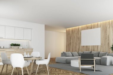 Beyaz ve ahşap mutfak ve salon köşe