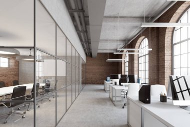 Tuğla ofis, kemer windows, bilgisayar açık