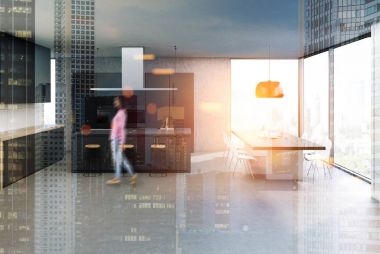 Beton mutfak masasında iç, gri tonlu