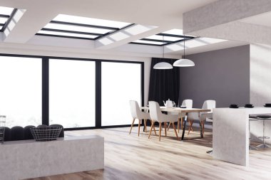 Gri, ahşap mutfak, yemek odası, köşe