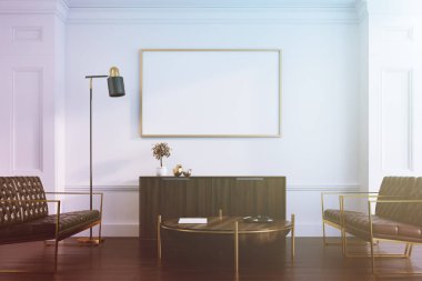 Beyaz oturma odası, kanepeler ve tonda poster