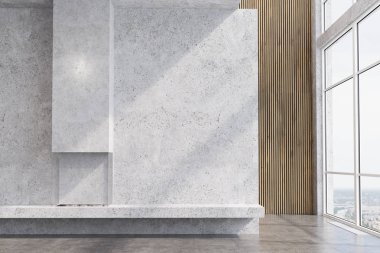 Beton ve ahşap oturma odası, şömine