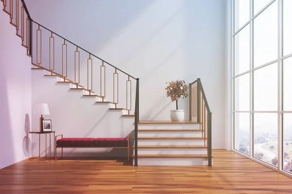 Sala de estar blanca, escaleras, banco rojo tonificado — Foto de Stock