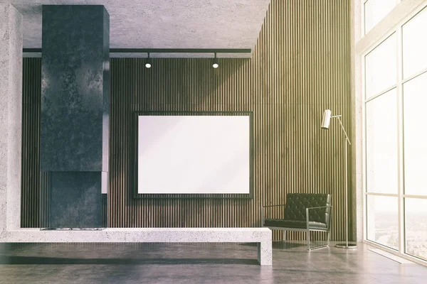 Sala de estar de madeira, aparelho de TV, lareira cinza tonificada — Fotografia de Stock