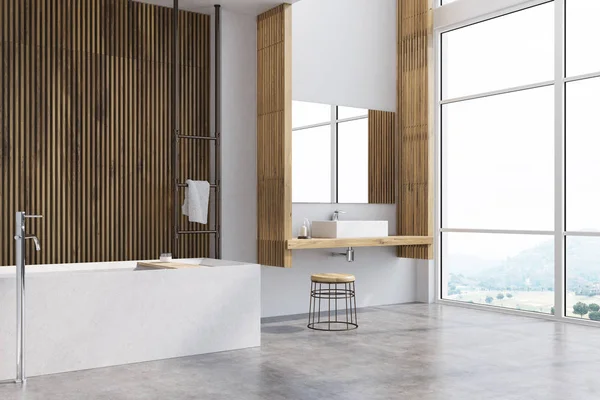 Gray and wooden bathroom, tub corner — Stock Photo, Image