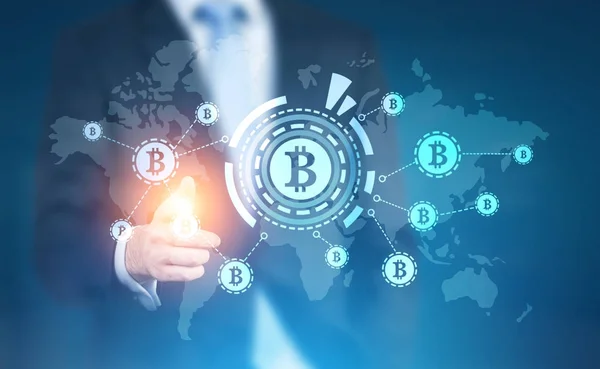 Glühender Finger Geschäftsmann, Bitcoin-Netzwerk — Stockfoto