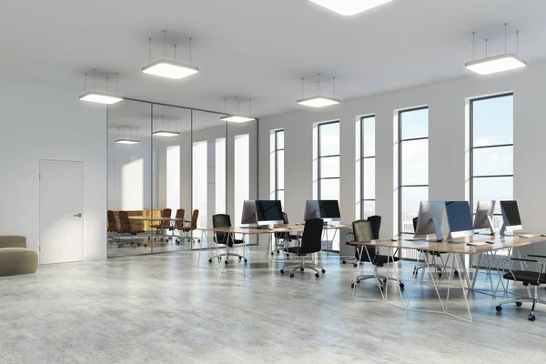 stock image Narrow windows, open space office corner