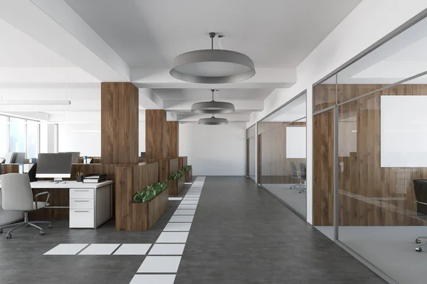 Trä och vita öppna utrymme kontor — Stockfoto