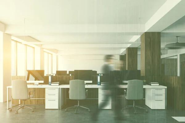 Wooden and white open space office, people — Stock Photo, Image