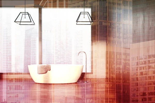 Ванная комната в лофте, деревянные стены, двойная белая ванна — стоковое фото