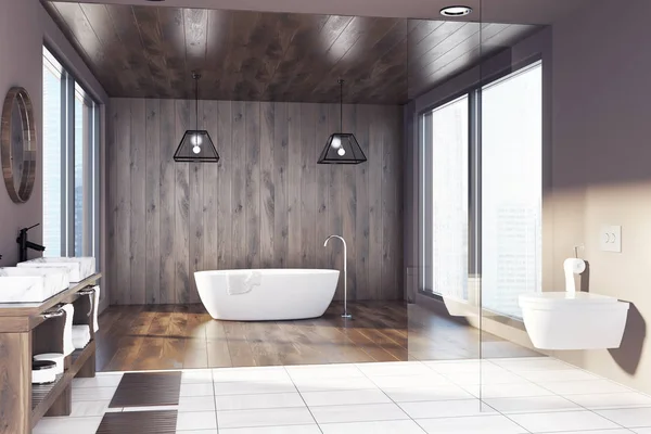 Baño de madera, bañera, lavabo e inodoro —  Fotos de Stock
