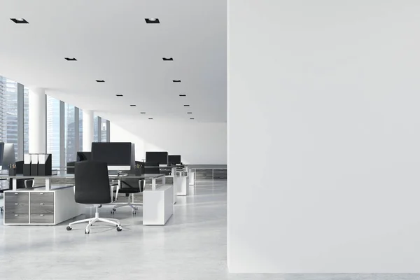 White ceiling open space office, blank wall