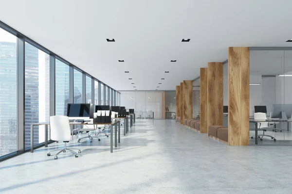 Witte en houten open ruimte kantoor interieur — Stockfoto