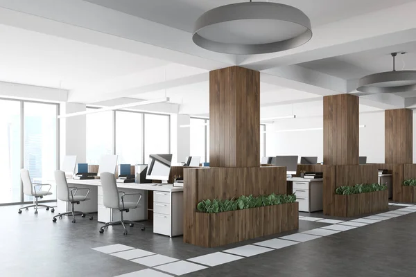 Canto de escritório de espaço aberto de madeira e branco — Fotografia de Stock