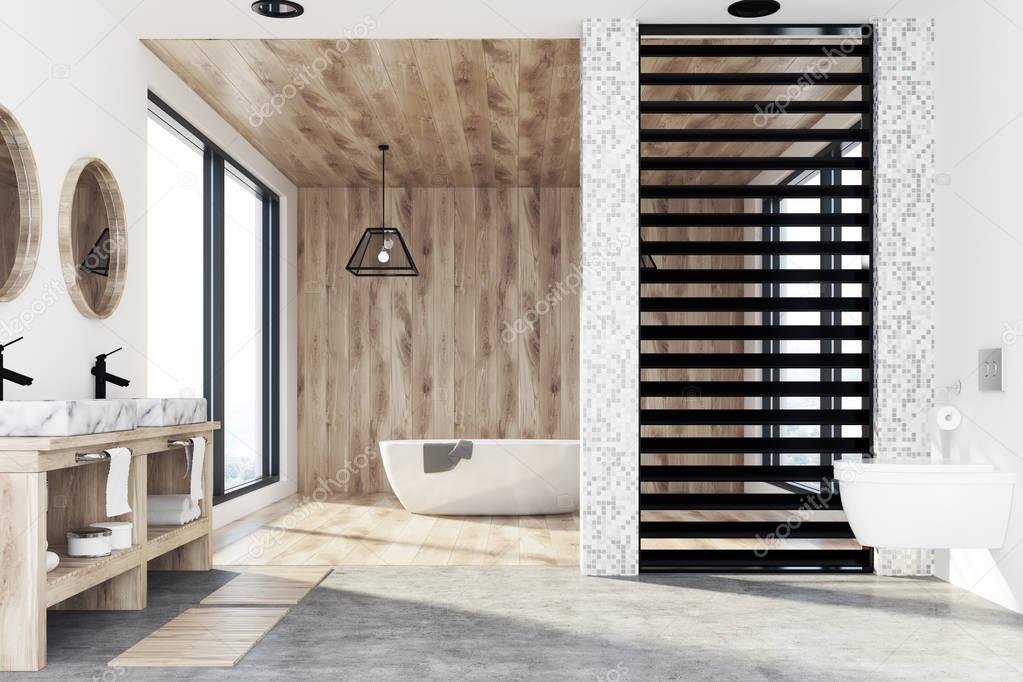 Wooden bathroom, tub, sink and shower