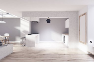 Gri, ahşap mutfak, yemek odası, poster yan