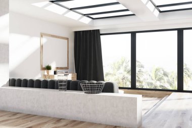 Oturma odası, koltuk ve poster gri perdeler