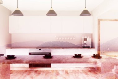 Beyaz, ahşap mutfak, bar, poster tonda