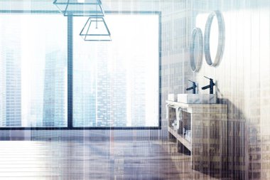 Çatı ahşap banyo, çift lavabo tonda