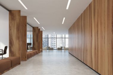 Ahşap ofis koridor, kahverengi kanepe