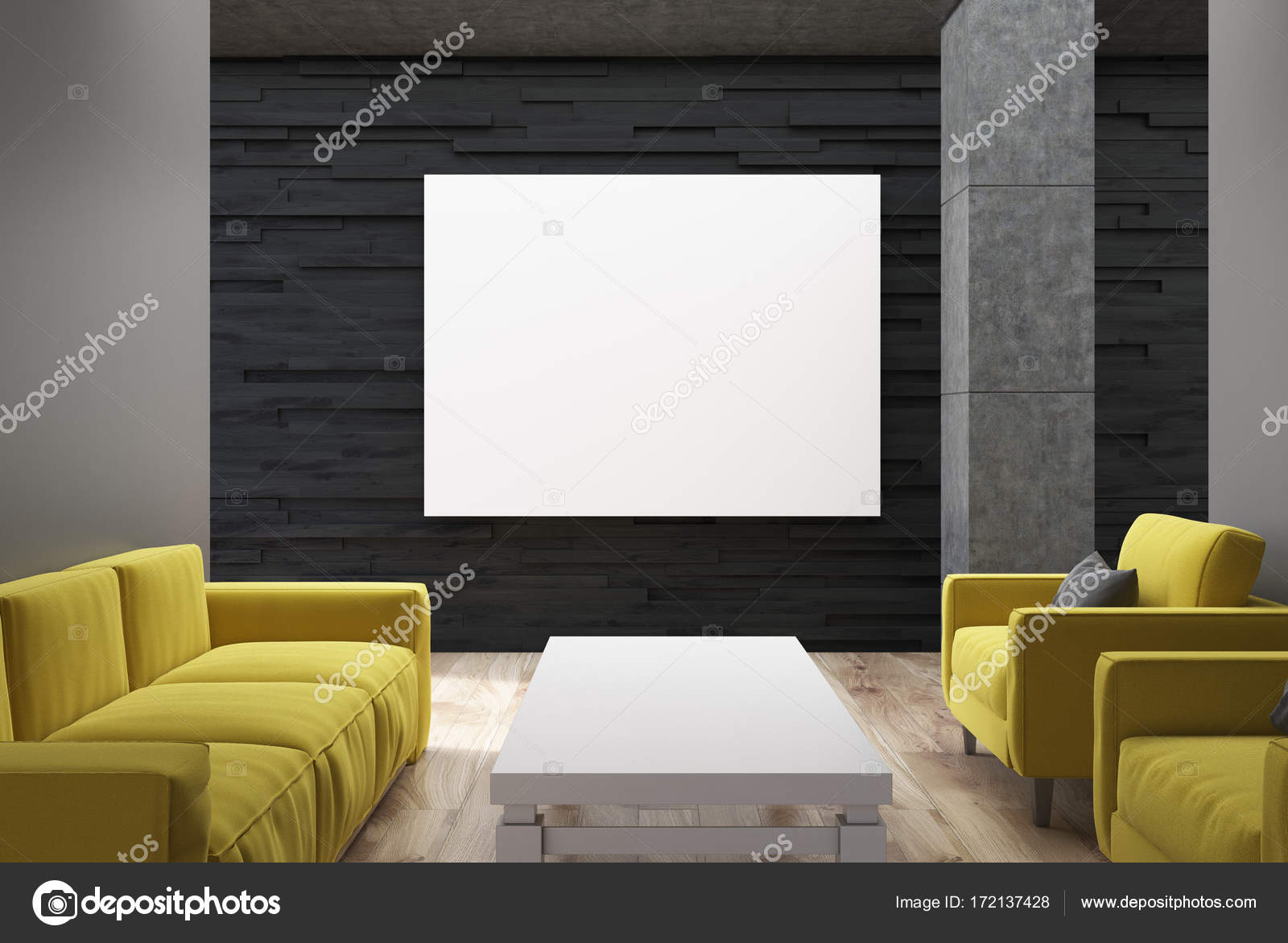 Schwarz, Wohnzimmer, gelbe Sofas, poster — Stockfoto ... Schwarz, Wohnzimmer, gelbe Sofas, poster — Stockfoto ...
