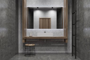 Beton ve ahşap banyo, çift lavabo, ayna