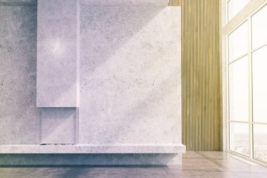 Beton ve ahşap oturma odası, tonda şömine