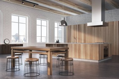 Beton ve ahşap yemek odası, yan