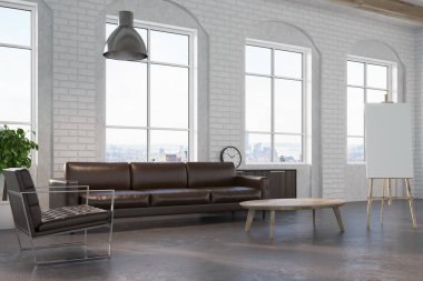 Beyaz tuğla oturma odası, kahverengi kanepe yan