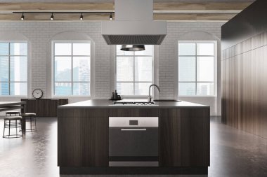 Yemek odası, beton ve koyu ahşap soba