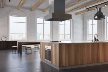 Beyaz tuğla yemek odası köşe, ahşap