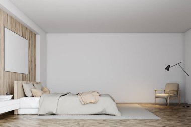 Beyaz ve ahşap yatak odası iç, poster, yan