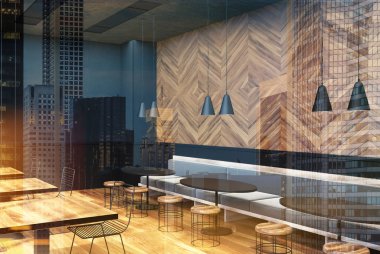 Tonda gri ve ahşap kafe iç